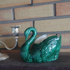 Vintage Green Ceramic Swan Planter